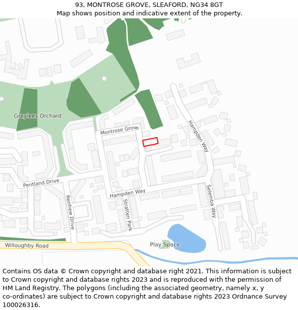 93, MONTROSE GROVE, SLEAFORD, NG34 8GT: Location map and indicative extent of plot