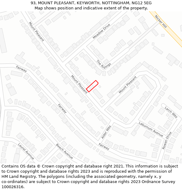 93, MOUNT PLEASANT, KEYWORTH, NOTTINGHAM, NG12 5EG: Location map and indicative extent of plot