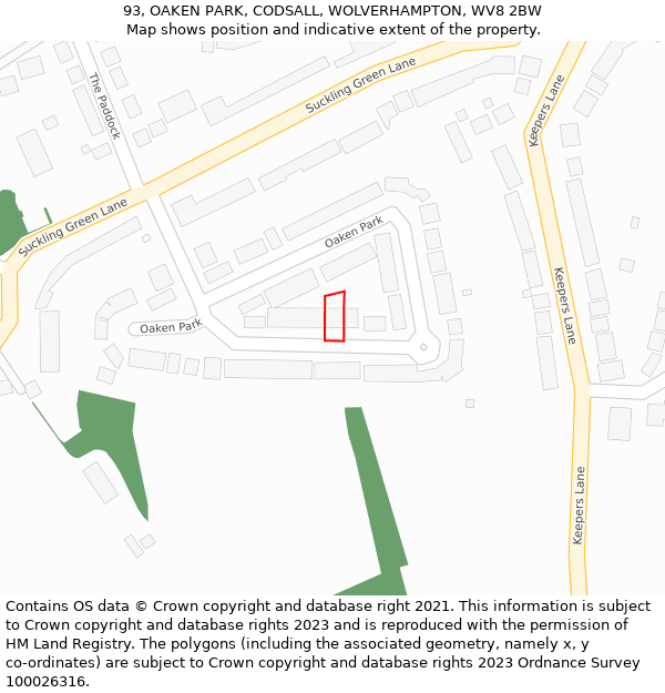 93, OAKEN PARK, CODSALL, WOLVERHAMPTON, WV8 2BW: Location map and indicative extent of plot