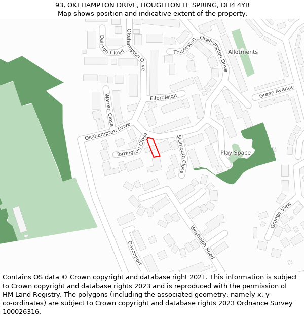 93, OKEHAMPTON DRIVE, HOUGHTON LE SPRING, DH4 4YB: Location map and indicative extent of plot