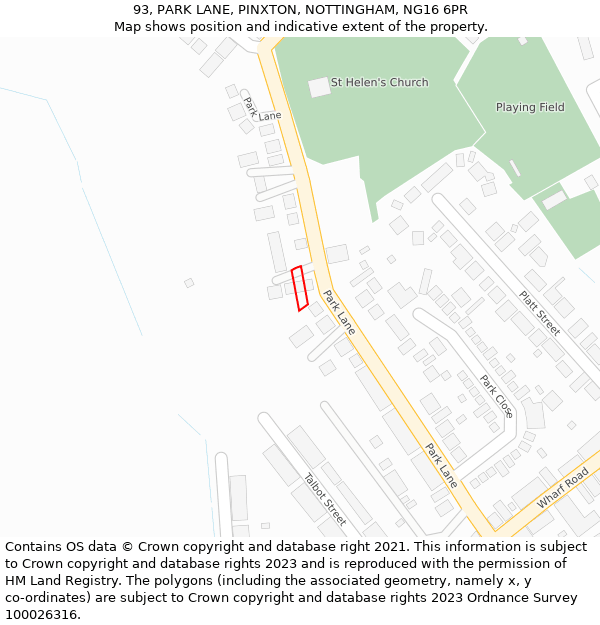 93, PARK LANE, PINXTON, NOTTINGHAM, NG16 6PR: Location map and indicative extent of plot