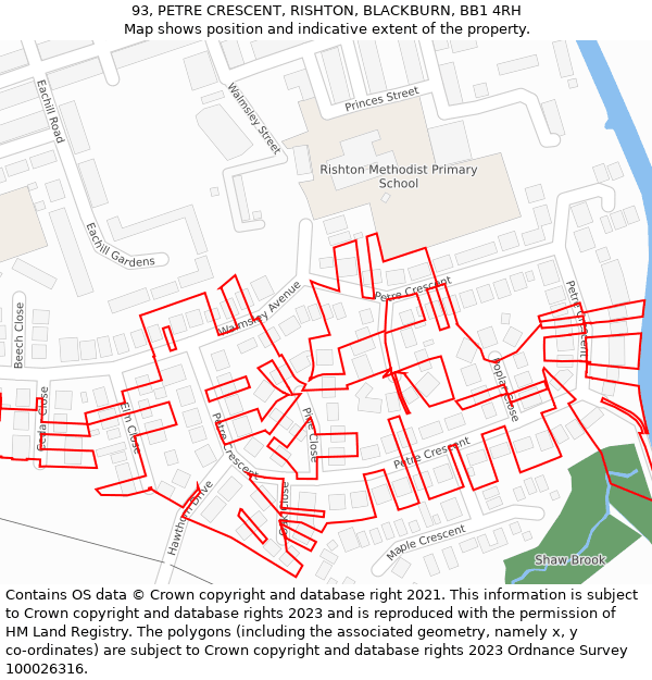93, PETRE CRESCENT, RISHTON, BLACKBURN, BB1 4RH: Location map and indicative extent of plot
