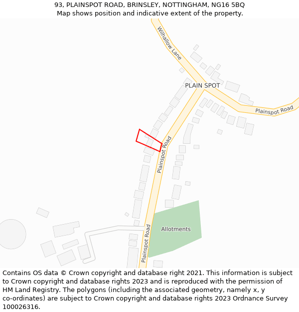 93, PLAINSPOT ROAD, BRINSLEY, NOTTINGHAM, NG16 5BQ: Location map and indicative extent of plot