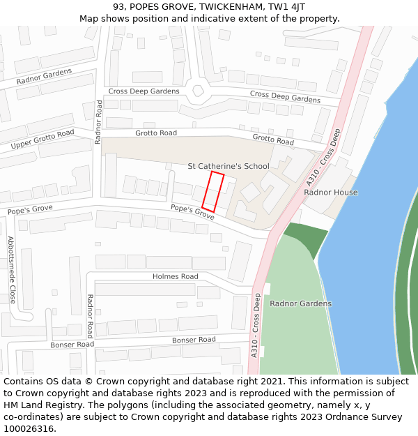 93, POPES GROVE, TWICKENHAM, TW1 4JT: Location map and indicative extent of plot