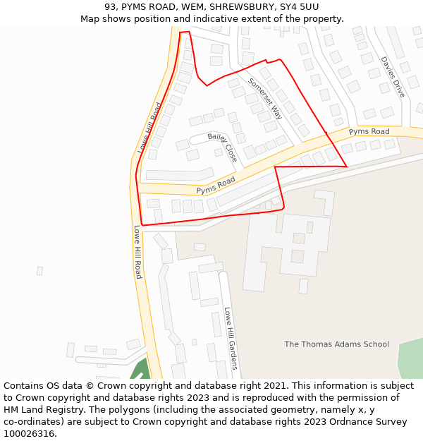 93, PYMS ROAD, WEM, SHREWSBURY, SY4 5UU: Location map and indicative extent of plot