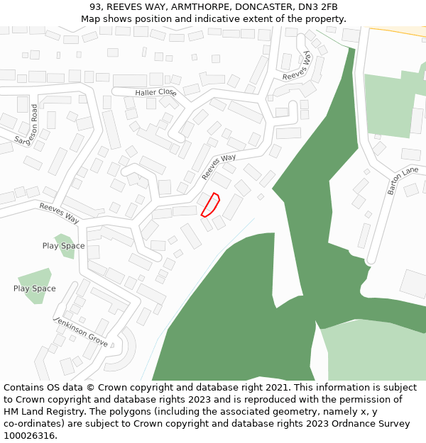 93, REEVES WAY, ARMTHORPE, DONCASTER, DN3 2FB: Location map and indicative extent of plot