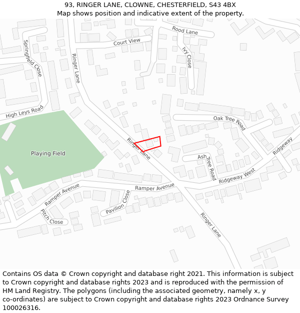 93, RINGER LANE, CLOWNE, CHESTERFIELD, S43 4BX: Location map and indicative extent of plot