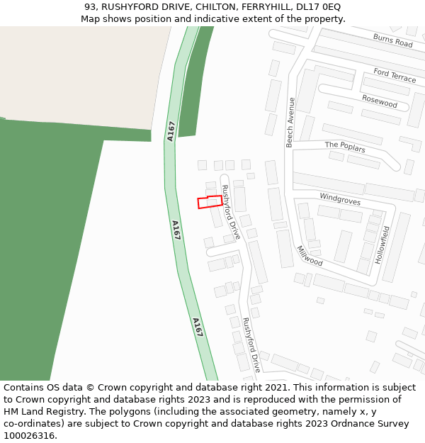 93, RUSHYFORD DRIVE, CHILTON, FERRYHILL, DL17 0EQ: Location map and indicative extent of plot