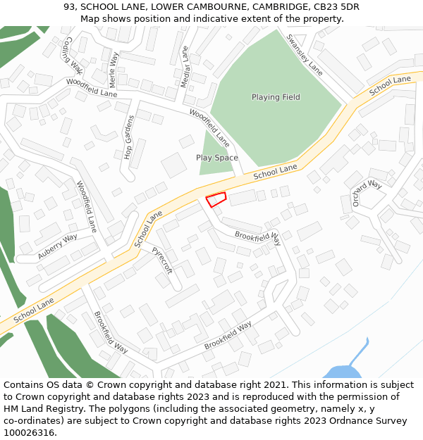 93, SCHOOL LANE, LOWER CAMBOURNE, CAMBRIDGE, CB23 5DR: Location map and indicative extent of plot