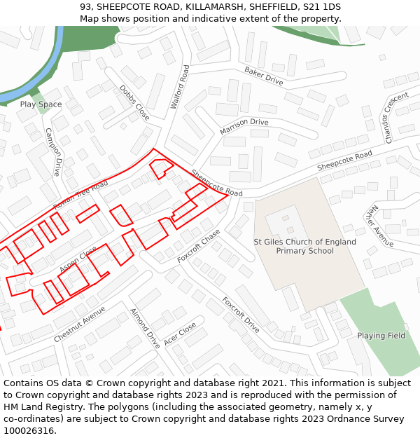 93, SHEEPCOTE ROAD, KILLAMARSH, SHEFFIELD, S21 1DS: Location map and indicative extent of plot