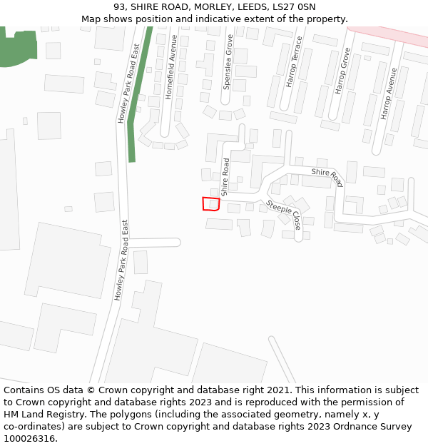 93, SHIRE ROAD, MORLEY, LEEDS, LS27 0SN: Location map and indicative extent of plot