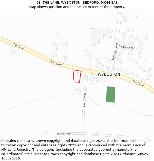 93, THE LANE, WYBOSTON, BEDFORD, MK44 3AS: Location map and indicative extent of plot