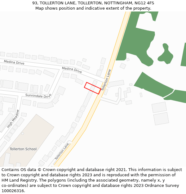 93, TOLLERTON LANE, TOLLERTON, NOTTINGHAM, NG12 4FS: Location map and indicative extent of plot
