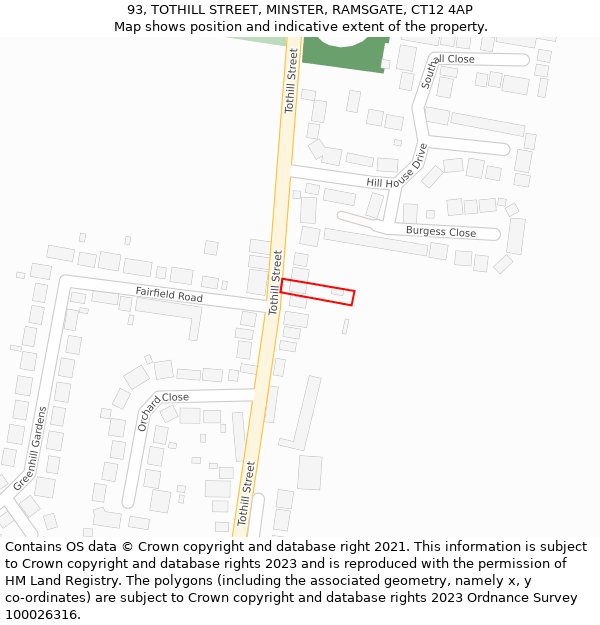 93, TOTHILL STREET, MINSTER, RAMSGATE, CT12 4AP: Location map and indicative extent of plot