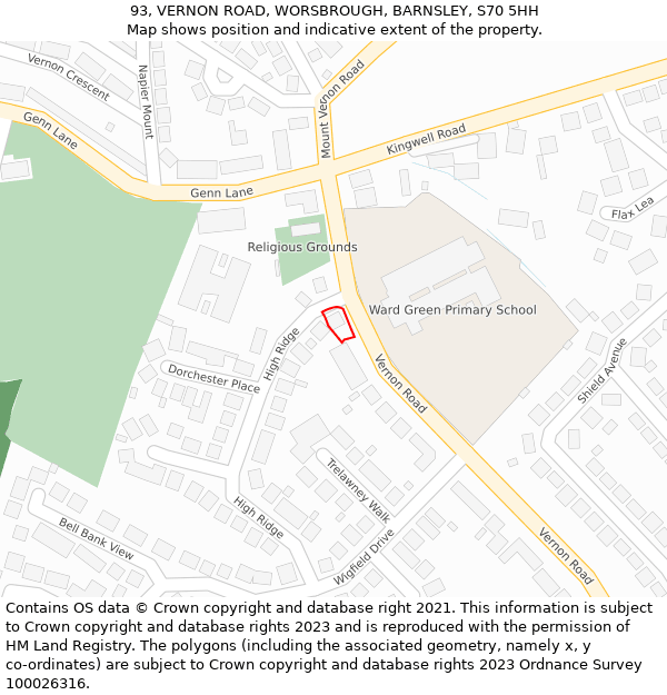 93, VERNON ROAD, WORSBROUGH, BARNSLEY, S70 5HH: Location map and indicative extent of plot