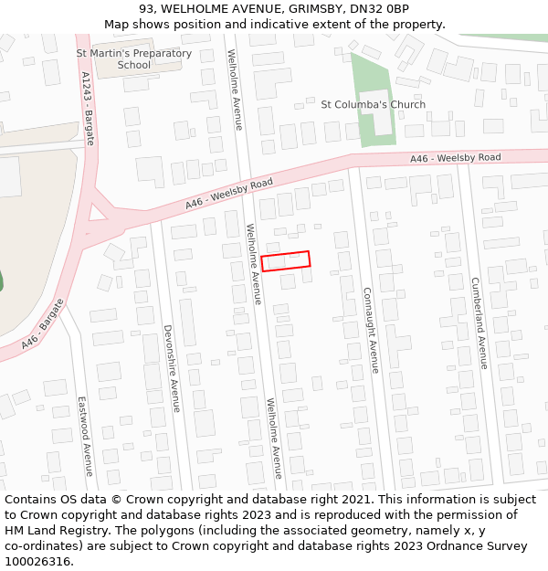 93, WELHOLME AVENUE, GRIMSBY, DN32 0BP: Location map and indicative extent of plot