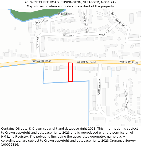 93, WESTCLIFFE ROAD, RUSKINGTON, SLEAFORD, NG34 9AX: Location map and indicative extent of plot