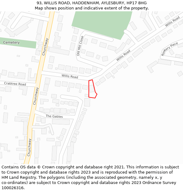 93, WILLIS ROAD, HADDENHAM, AYLESBURY, HP17 8HG: Location map and indicative extent of plot