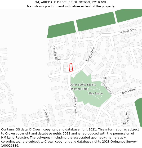 94, AIREDALE DRIVE, BRIDLINGTON, YO16 6GL: Location map and indicative extent of plot