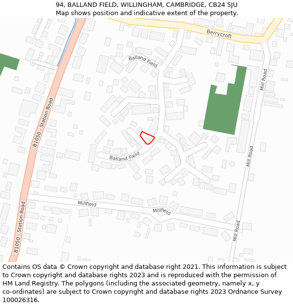 94, BALLAND FIELD, WILLINGHAM, CAMBRIDGE, CB24 5JU: Location map and indicative extent of plot