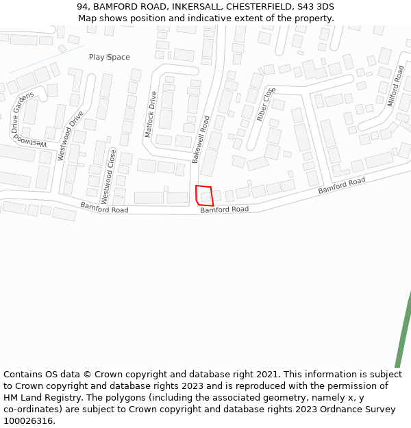 94, BAMFORD ROAD, INKERSALL, CHESTERFIELD, S43 3DS: Location map and indicative extent of plot