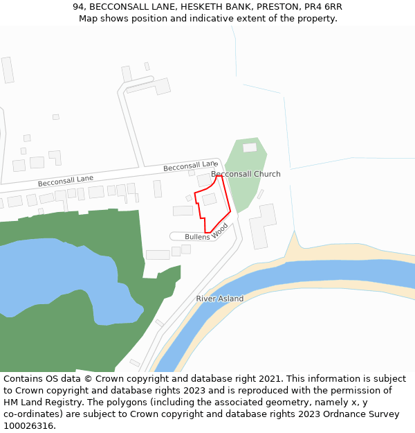 94, BECCONSALL LANE, HESKETH BANK, PRESTON, PR4 6RR: Location map and indicative extent of plot