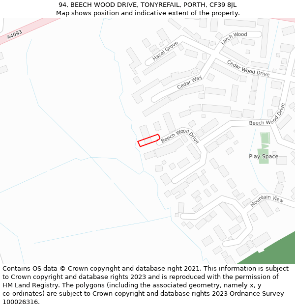 94, BEECH WOOD DRIVE, TONYREFAIL, PORTH, CF39 8JL: Location map and indicative extent of plot