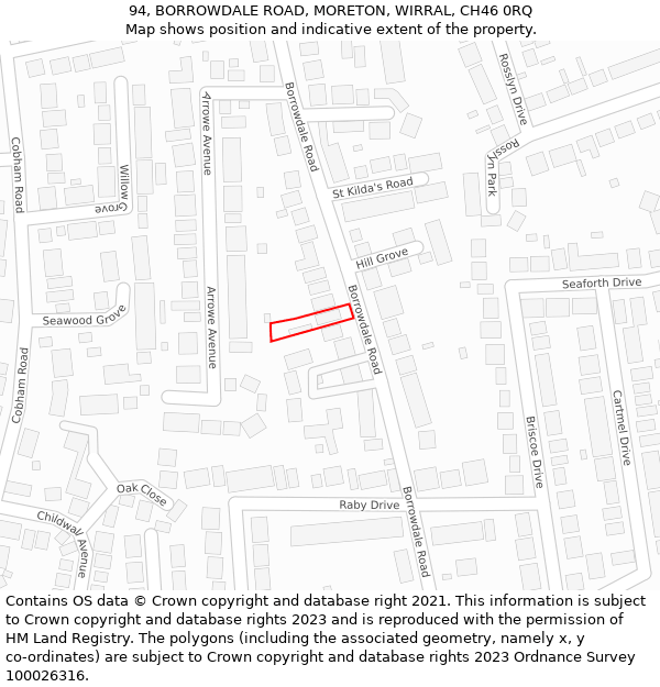 94, BORROWDALE ROAD, MORETON, WIRRAL, CH46 0RQ: Location map and indicative extent of plot