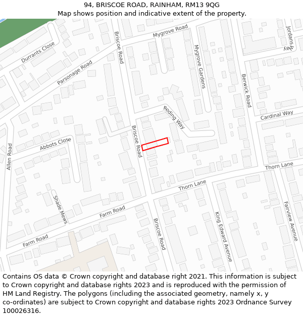 94, BRISCOE ROAD, RAINHAM, RM13 9QG: Location map and indicative extent of plot