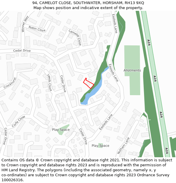 94, CAMELOT CLOSE, SOUTHWATER, HORSHAM, RH13 9XQ: Location map and indicative extent of plot