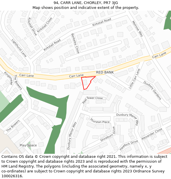 94, CARR LANE, CHORLEY, PR7 3JG: Location map and indicative extent of plot