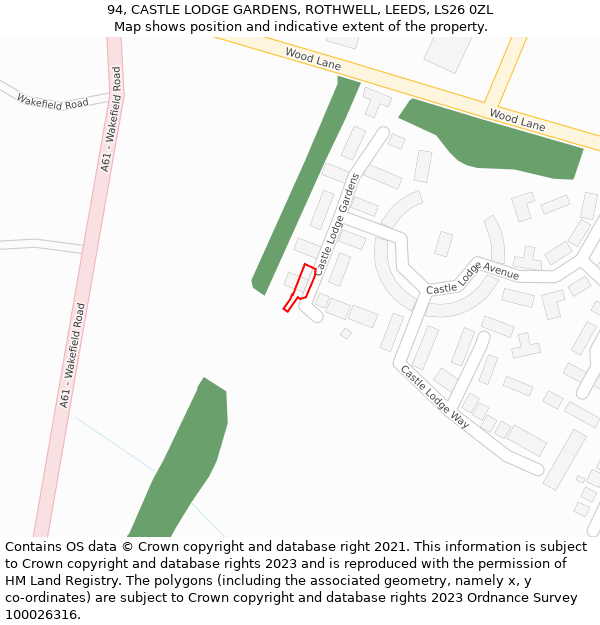 94, CASTLE LODGE GARDENS, ROTHWELL, LEEDS, LS26 0ZL: Location map and indicative extent of plot