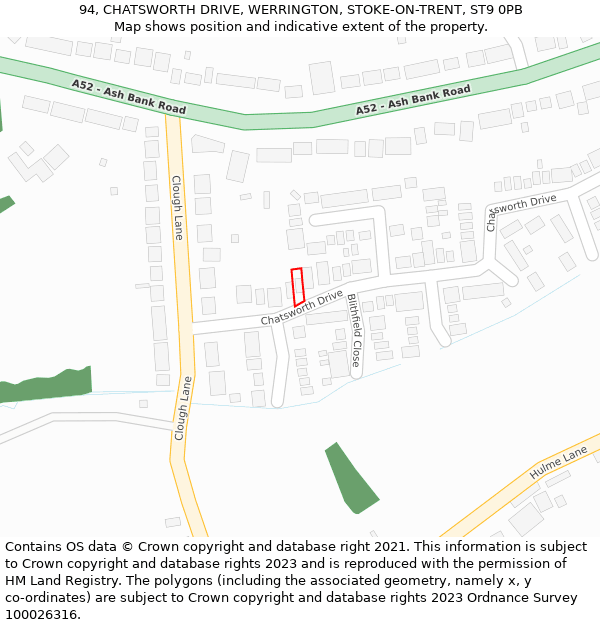 94, CHATSWORTH DRIVE, WERRINGTON, STOKE-ON-TRENT, ST9 0PB: Location map and indicative extent of plot