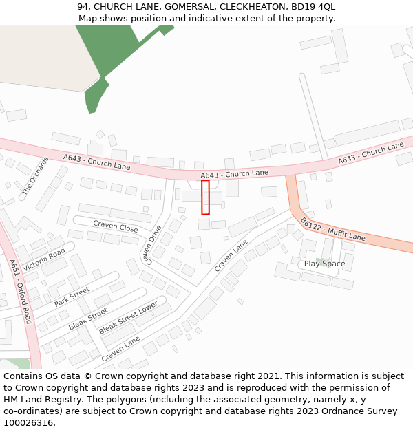 94, CHURCH LANE, GOMERSAL, CLECKHEATON, BD19 4QL: Location map and indicative extent of plot