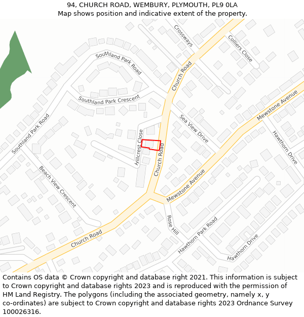 94, CHURCH ROAD, WEMBURY, PLYMOUTH, PL9 0LA: Location map and indicative extent of plot