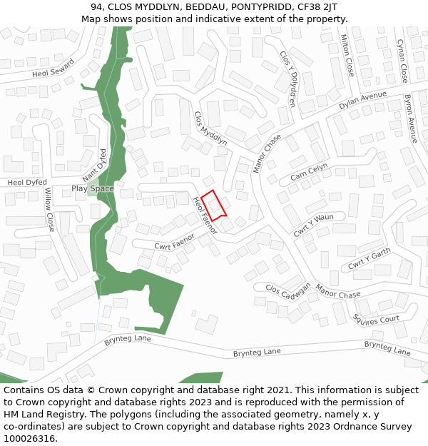 94, CLOS MYDDLYN, BEDDAU, PONTYPRIDD, CF38 2JT: Location map and indicative extent of plot