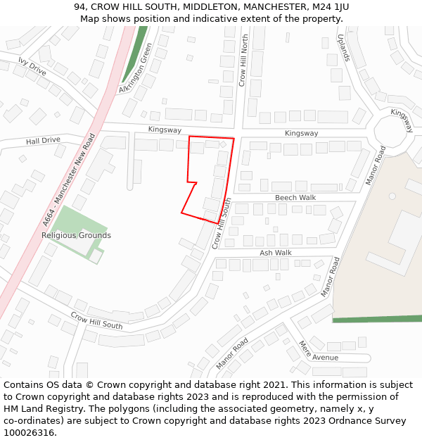 94, CROW HILL SOUTH, MIDDLETON, MANCHESTER, M24 1JU: Location map and indicative extent of plot