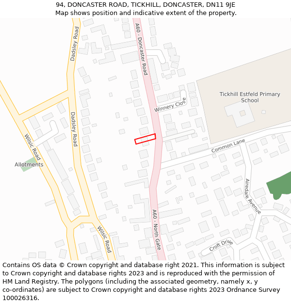 94, DONCASTER ROAD, TICKHILL, DONCASTER, DN11 9JE: Location map and indicative extent of plot