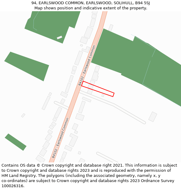 94, EARLSWOOD COMMON, EARLSWOOD, SOLIHULL, B94 5SJ: Location map and indicative extent of plot