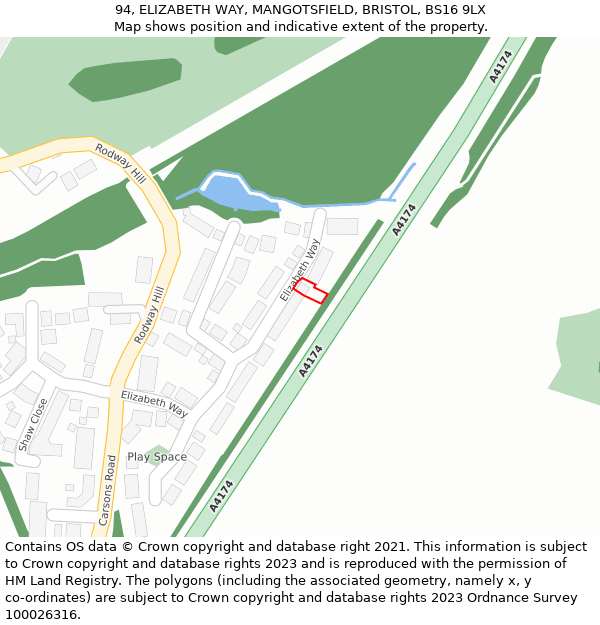 94, ELIZABETH WAY, MANGOTSFIELD, BRISTOL, BS16 9LX: Location map and indicative extent of plot