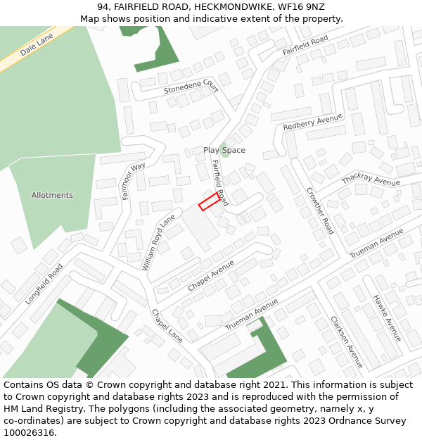 94, FAIRFIELD ROAD, HECKMONDWIKE, WF16 9NZ: Location map and indicative extent of plot
