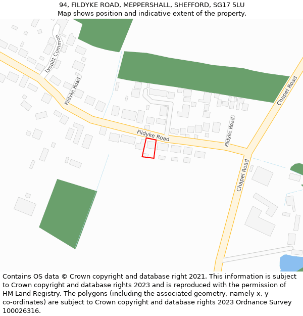 94, FILDYKE ROAD, MEPPERSHALL, SHEFFORD, SG17 5LU: Location map and indicative extent of plot