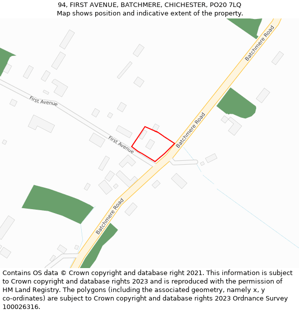 94, FIRST AVENUE, BATCHMERE, CHICHESTER, PO20 7LQ: Location map and indicative extent of plot