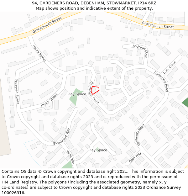 94, GARDENERS ROAD, DEBENHAM, STOWMARKET, IP14 6RZ: Location map and indicative extent of plot