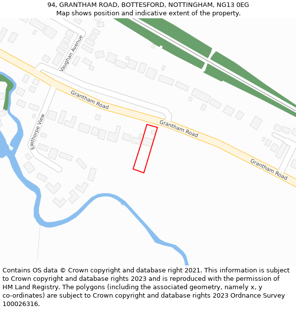 94, GRANTHAM ROAD, BOTTESFORD, NOTTINGHAM, NG13 0EG: Location map and indicative extent of plot