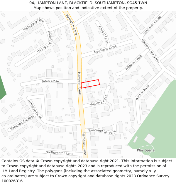 94, HAMPTON LANE, BLACKFIELD, SOUTHAMPTON, SO45 1WN: Location map and indicative extent of plot