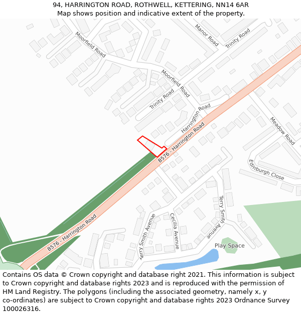 94, HARRINGTON ROAD, ROTHWELL, KETTERING, NN14 6AR: Location map and indicative extent of plot