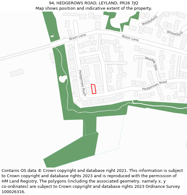 94, HEDGEROWS ROAD, LEYLAND, PR26 7JQ: Location map and indicative extent of plot