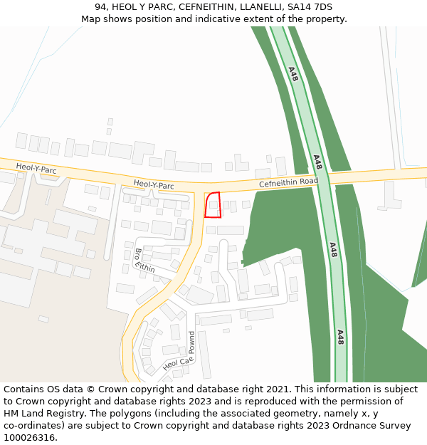 94, HEOL Y PARC, CEFNEITHIN, LLANELLI, SA14 7DS: Location map and indicative extent of plot