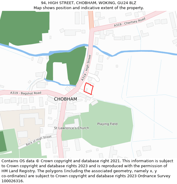 94, HIGH STREET, CHOBHAM, WOKING, GU24 8LZ: Location map and indicative extent of plot